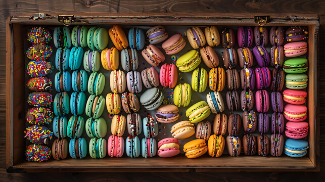 The image you’ve shared depicts a delightful assortment of colorful macarons neatly arranged inside a rectangular box.