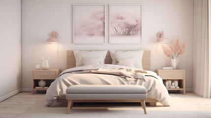 Warm pastel tones in the bedroom decor in Scandinavian style.