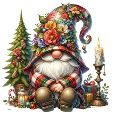 Christmas Floral gnome with a hat covering his face isolated and cut-out on white background Ai Generative