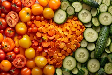 Heartshaped pattern of mixed veggies on a pistachio backdrop, telephoto lens, high angle, in the golden hour light - obrazy, fototapety, plakaty