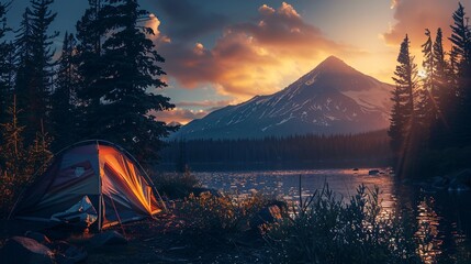 tourist tent camping in mountains at sunset - obrazy, fototapety, plakaty
