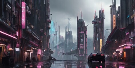 Fototapeta na wymiar Cityscape of Cyberpunk city, Cyberpunk color style.