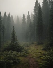Landscape Green coniferous forest in the fog.