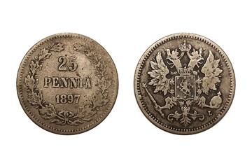 25 Pennia 1897 with crown on white background. Coin of  Finland. Obverse Crowned imperial double...