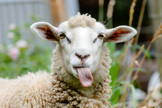 Close up photo of a sheep sticking out its tongue.