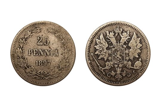 25 Pennia 1897 with crown on white background. Coin of  Finland. Obverse Crowned imperial double eagle holding scepter and orb. Reverse Denomination above date within wreath