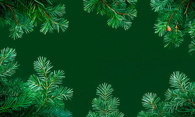 Fototapeta na wymiar Elegant frame of lush evergreen branches on a deep green background, ideal for festive designs, nature themes, and holiday advertising. 