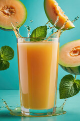 Diet and nutrition concept. Freshly squeezed organic melon juice in glass and fresh melon with leaves on light blue background.