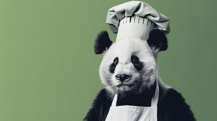 panda wearing chef outfit, on green background.
