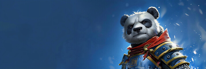 panda wearing a knight outfit from china on a blue background.