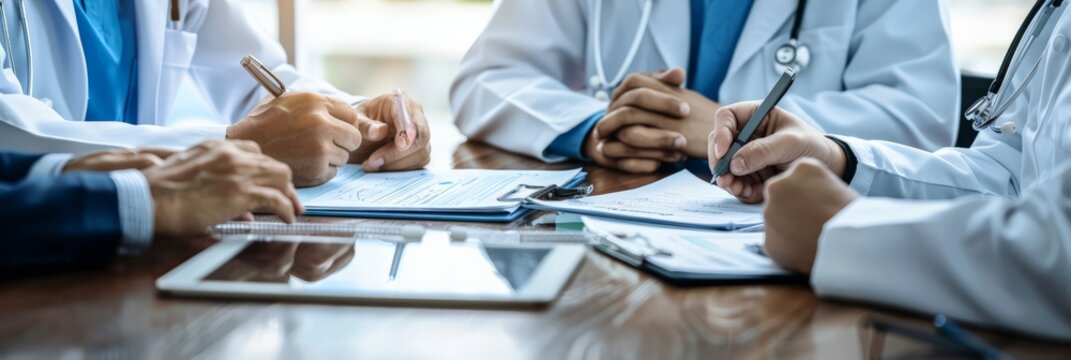 Medical professionals discussing patient treatment plans. Coordinated healthcare teamwork.