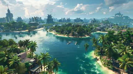 City's tropical climate is reflected in its lush vegetation, sunny skies, and sparkling blue waters. Players can explore the city's beaches, parks, and waterfront areas, soaking in the sun and enjoyin - obrazy, fototapety, plakaty