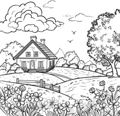 Obraz premium Landscape With Clouds House Trees Bushes , Coloring Pages Vector