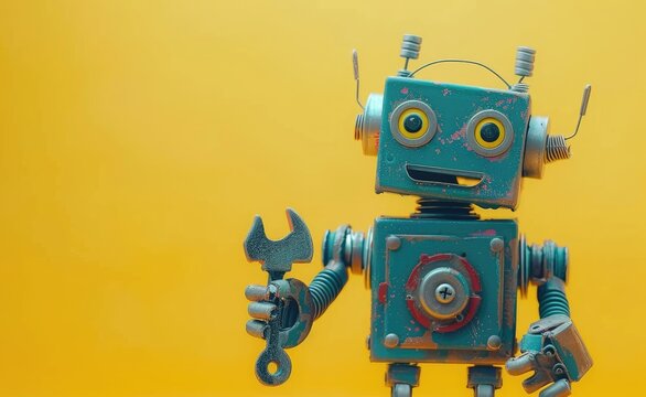 A futuristic robot holding tools, gears, technology, created with AI