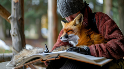 A woman is sitting on the ground with a fox on her lap - Powered by Adobe