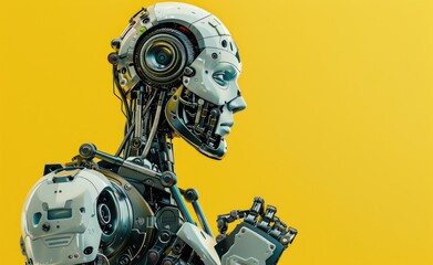 A futuristic robot holding tools, gears, technology, created with AI