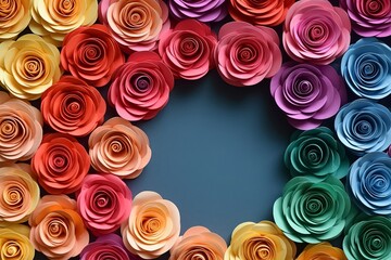 Multicolor rose floral wreath made from paper craft isolated on a simple background, aerial view. Generative AI.