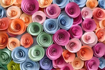 Multicolor rose floral wreath made from paper craft isolated on a simple background, aerial view. Generative AI.