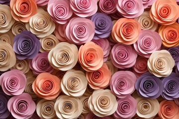 Multicolor rose floral wreath made from paper craft isolated on a simple background, aerial view. Generative AI.