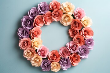 Multicolor rose floral wreath made from paper craft isolated on a simple background, aerial view. Generative AI.