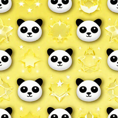 Seamless pattern with cute panda and stars on yellow background.