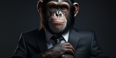 portrait of a monkey in business suit with thump up, in the style of photobashing сreated with Generative Ai - obrazy, fototapety, plakaty