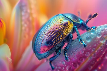 Close-up view of a vibrant, iridescent beetle on a flower, showcasing intricate details and textures.
 - obrazy, fototapety, plakaty