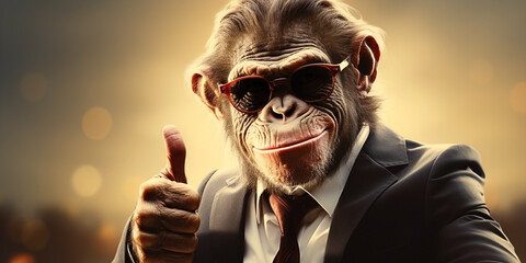 portrait of a monkey in business suit with thump up, in the style of photobashing сreated with Generative Ai