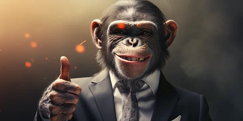 Foto op Canvas portrait of a monkey in business suit with thump up, in the style of photobashing сreated with Generative Ai © Andrii Yablonskyi