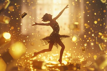 A joyful dance in a room filled with gold bars each step kicking up a glint of gold dust reflecting the persons overwhelming happiness - obrazy, fototapety, plakaty