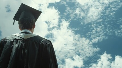 A lone graduate cap in hand gazing out at a world ripe with endless possibilities