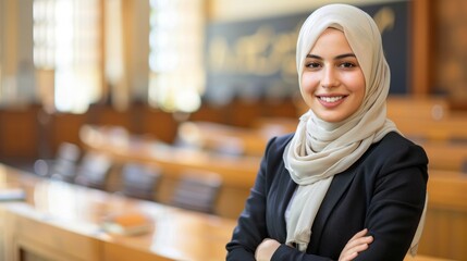Portrait of Arab young female lawyer smiling in a courtroom background with copy space
