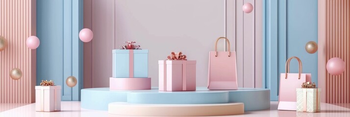 A visually appealing 3D-rendered scene featuring a central podium or display stand,surrounded by various pastel-colored surprise present boxes and elegant shopping bags The minimalist,yet refined