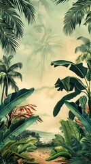 An antique greeting card design where banana leaves frame a nostalgic scene of tropical leisure rendered in saturated colors and delicate shading