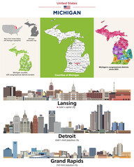 Michigan counties map and congressional districts since 2023 map. Lansing (state's capital city), Detroit and Grand Rapids (state's most populous cities) skylines. Vector set - 778204620