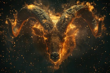 Aries fiery spirit captured in celestial art horns ablaze amidst the stars - obrazy, fototapety, plakaty