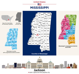 Mississippi counties map and congressional districts since 2023 map. Jackson skyline (state's capital and most populous city). Vector set