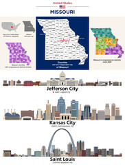 Missouri counties map and congressional districts since 2023 map. Jefferson City (state's capital city), Kansas City and St. Louis(state's most populous cities) skylines. Vector set - 778204648