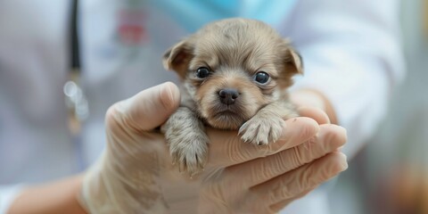 cute little newborn kitty in hands of a veterinarian eyes open
