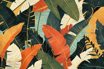 Art deco poster featuring stylized banana leaves their forms simplified and colors exaggerated celebrating the exuberance of tropical flora - obrazy, fototapety, plakaty