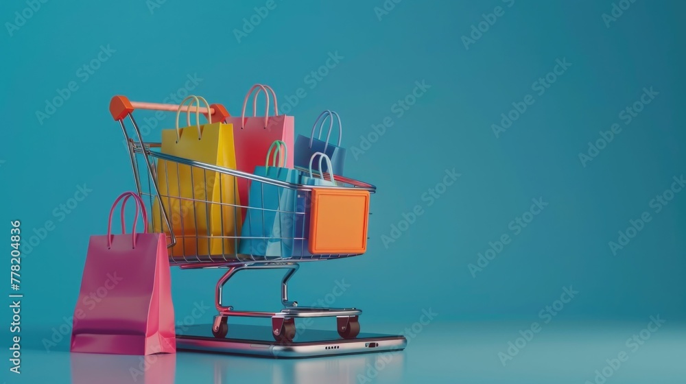 Poster the image depicts a vibrant and visually striking 3d rendering of a shopping cart filled with an arr
