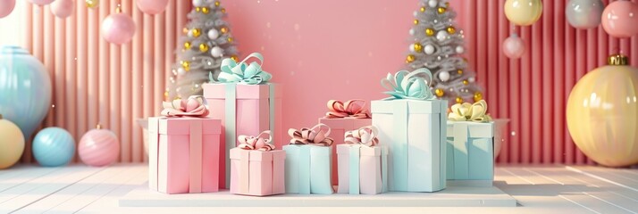 A vibrant and eye-catching 3D display podium set against a pastel-colored backdrop,featuring an array of beautifully wrapped gift boxes and pastel shopping bags in a festive,retail-inspired scene