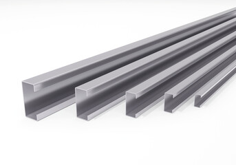 Metal products. Steel C-Beam. Steel industry business. 3D rendering.