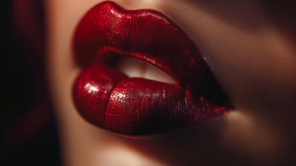 Close-up of lips painted with red lipstick - obrazy, fototapety, plakaty