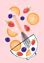 poster with scattered fruits of oranges and strawberries and blueberries, recipe for fruit salad on a white background. Decorative poster hand drawn in flat style. Suitable for interior design