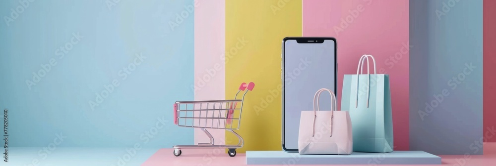 Poster this image depicts a minimalistic and modern 3d online shopping setup the scene features a sleek sma
