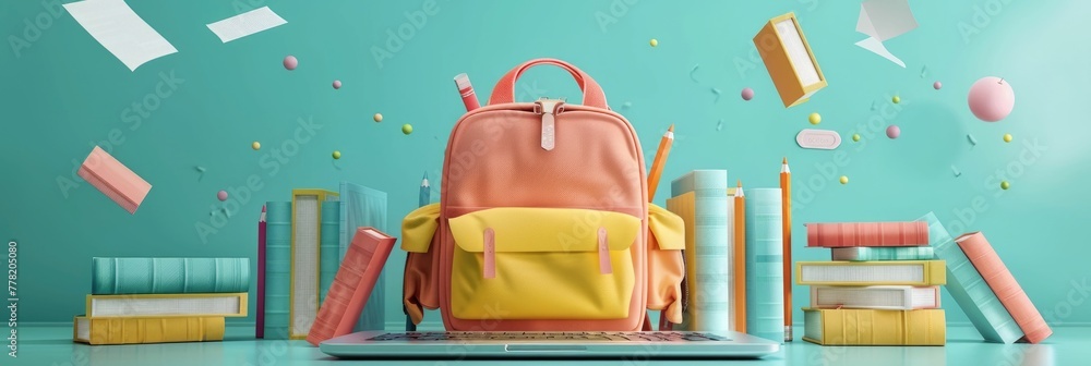 Poster a visually striking and conceptual digital showcasing a colorful 3d-rendered backpack surrounded by 