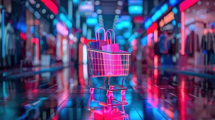 A creative 3D-rendered image depicting a shopping cart or trolley seamlessly integrated into a smartphone interface,representing the evolving nature of the modern shopping experience The scene