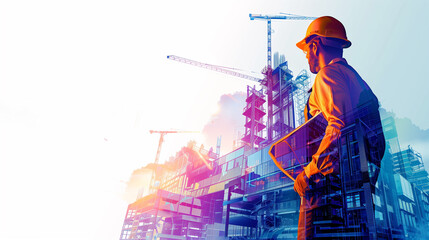 illustration digital building construction engineering with double exposure graphic design. Building engineers, architect people or construction workers working with modern civil equipment technology