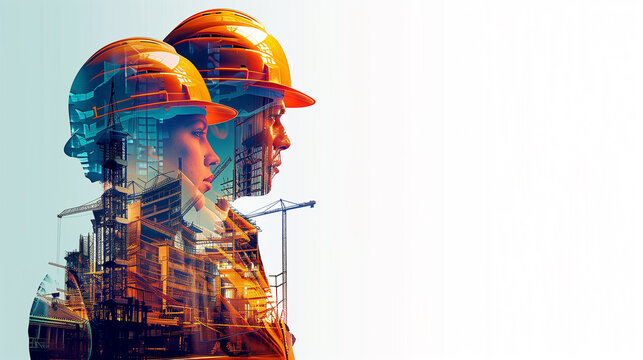 illustration digital building construction engineering with double exposure graphic design. Building engineers, architect people or construction workers working with modern civil equipment technology